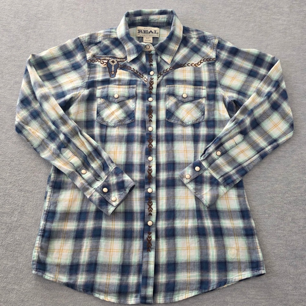 Ariat REAL Womens Blue Plaid Embroidered Longhorn Skull Western Snap Shirt Small - Picture 2 of 11
